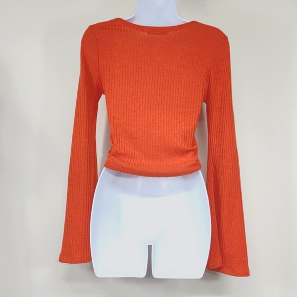 Shein Medium Tangerine Orange Rushed Ribbed V-Neck crop top - Picture 6 of 10